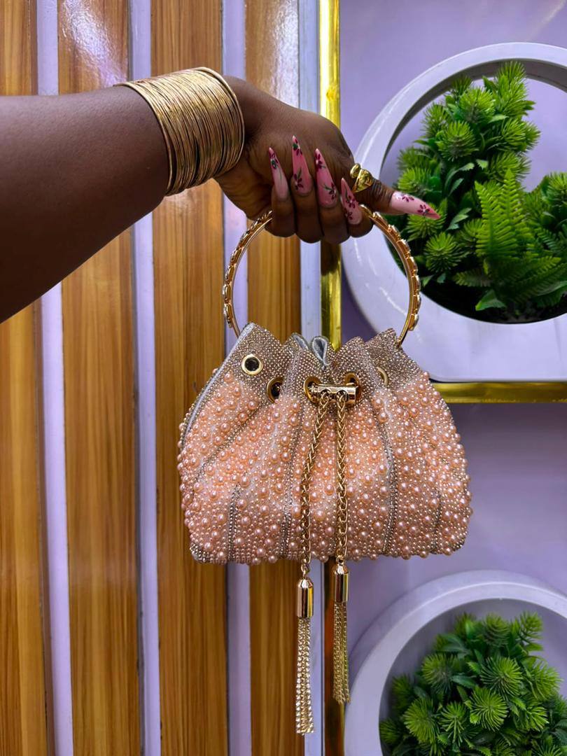 Pink Beaded Drawstring Handbag