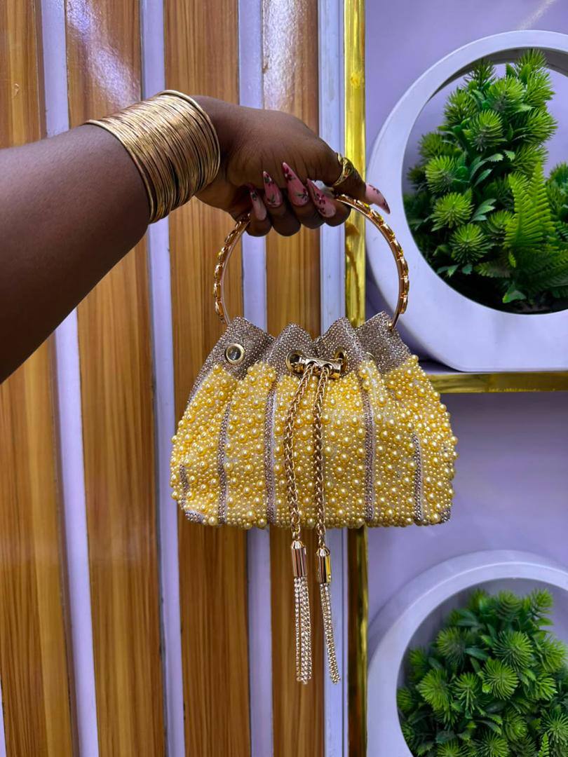 Yellow Beaded Drawstring Handbag