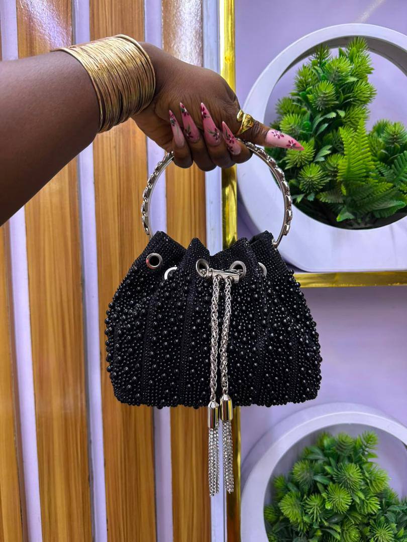 Black Beaded Drawstring Handbag